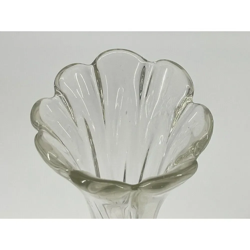 Vintage Clear Glass Swung Stretch Twist Vase Ruffle Top 11.5” Mid Century MCM